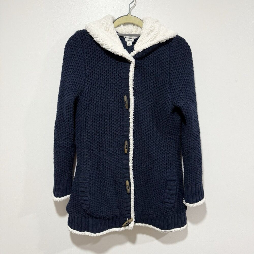 LL Bean Hooded Shearling Lined Wool Toggle Navy Blue Sweater Women Size Large
